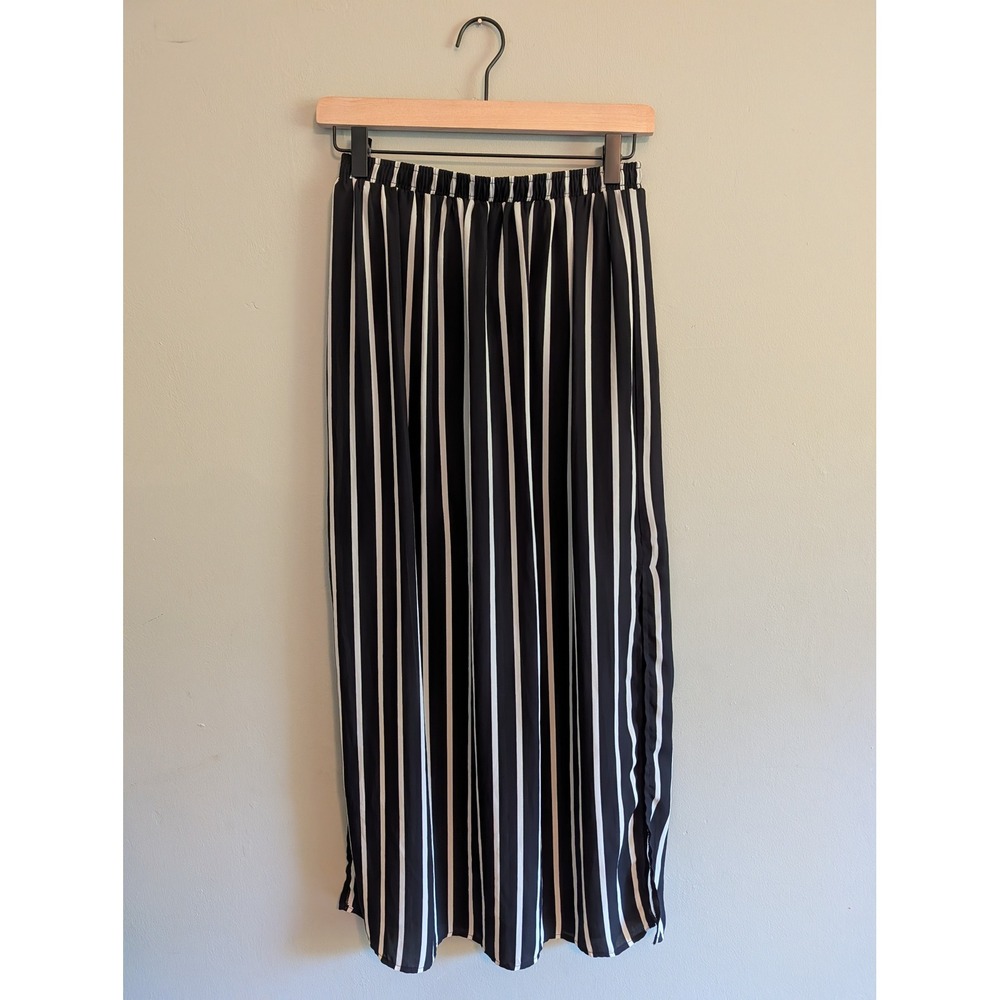 Forever 21 Black White Striped Maxi Skirt Elastic Waist Side Slit Small Grunge